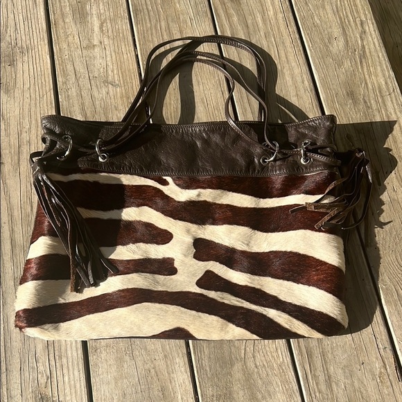PlusBag Italy Zebra Haircalf Leather Western Tote shoulder bag Boho Cowgirl Chic - Picture 1 of 11